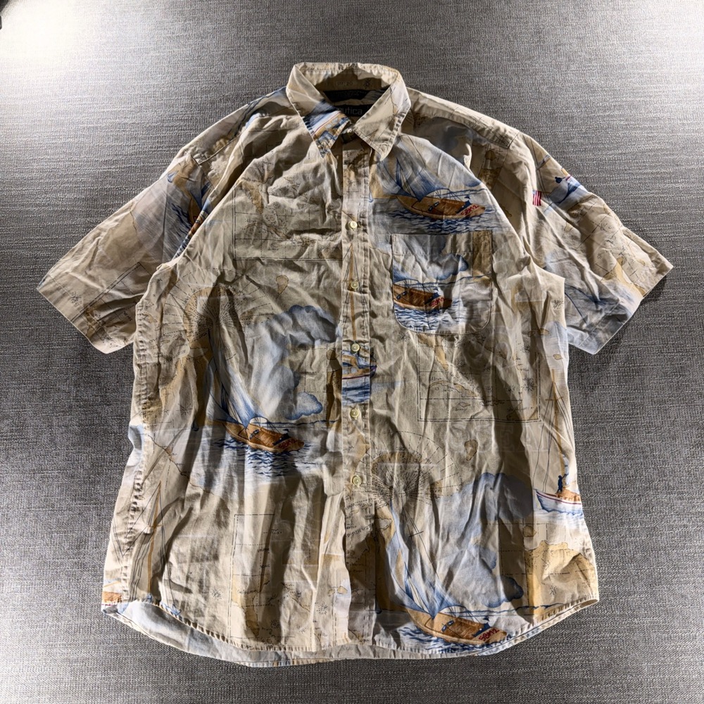 Nautica Button Down‎ Shirt Mens Large Tan Blue Nautical Map Sailboat Excellent